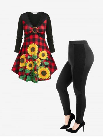 Sunflower Plaid Print O Ring T Shirt and Ribbed Panel Colorblock Pants Plus Size Outfits - BLACK