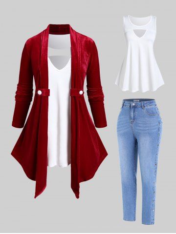 Plus Size Christmas Velvet Long Sleeves Top + Keyhole Tank Top Set and Jeans Bundle - RED