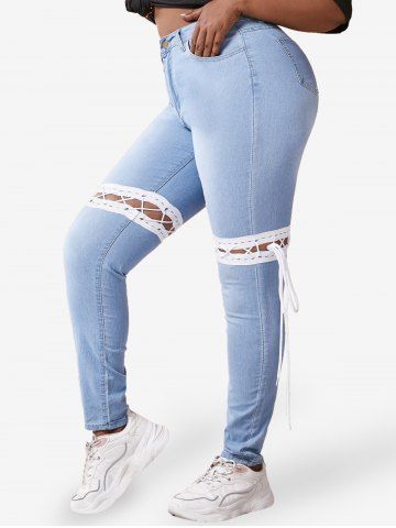 Plus Size Lace-up Detachable Skinny Jeans - LIGHT BLUE - 5XL