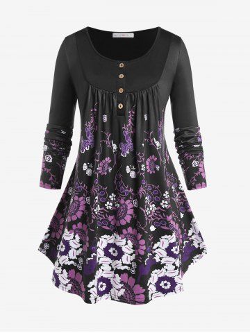 Plus Size Flower Long Sleeve Ruched Round Hem Tunic Top - BLACK - 3X