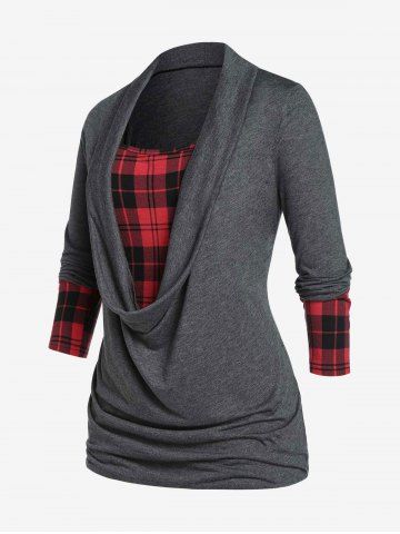Plus Size Plaid Draped Ruched Long Sleeve Tee - CARBON GRAY - 5X