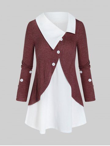 Plus Size Mock Button 2 Fer T Shirt - RED WINE - 3X