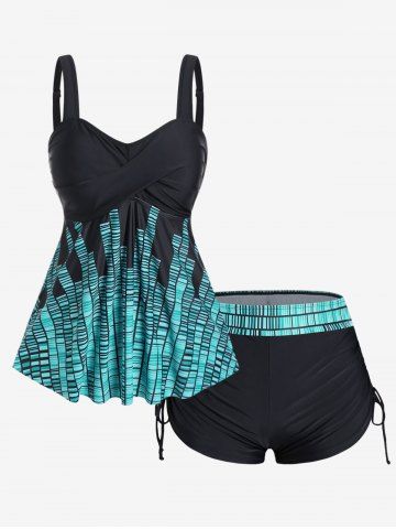 Plus Size Geo Print Twist Cinched Ruched Boyshorts Tankini Swimsuit - BLUE - L | US 12