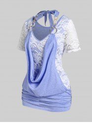 Plus Size Halter Cowl Front Ruched Lace Blouson 2 in 1 Tee -  