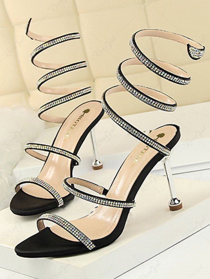 Sandales Enveloppées à Talons Aiguilles en Strass pour Fête Noir EU 40