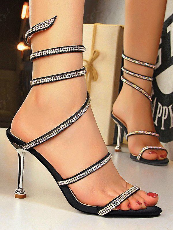 Sandales Enveloppées à Talons Aiguilles en Strass pour Fête Noir EU 36