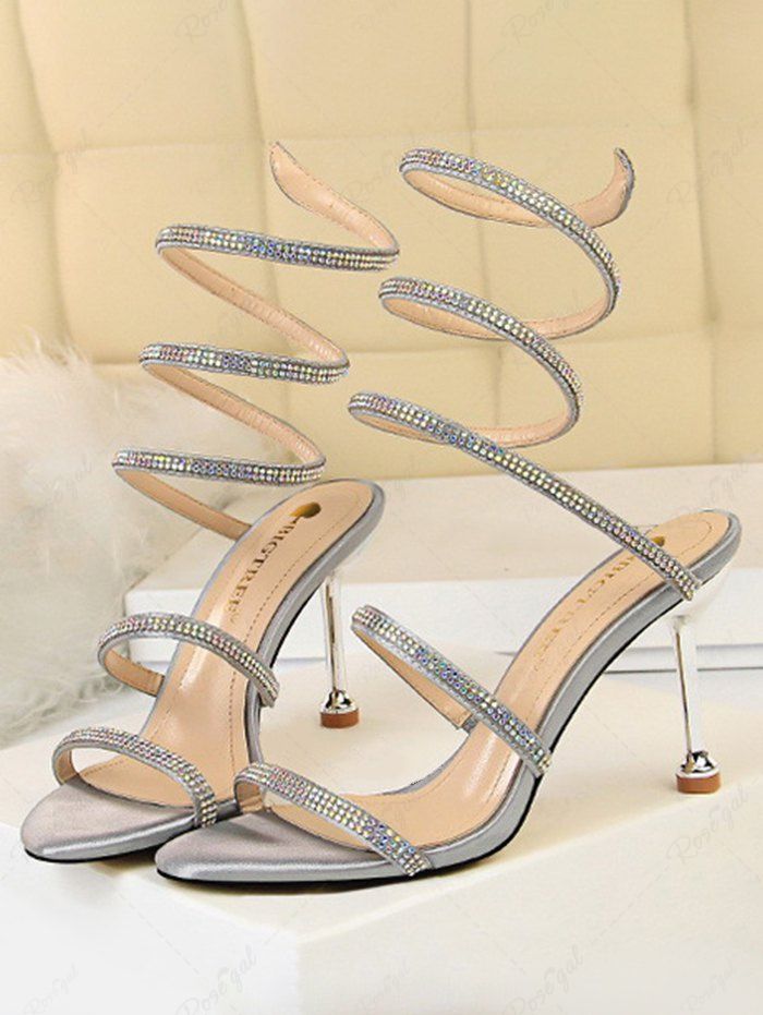 Sandales Enveloppées à Talons Aiguilles en Strass pour Fête Argent EU 37