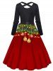 Vintage Christmas Ball Print Bowknot Belted Crisscross Long Sleeve A Line Midi Dress -  