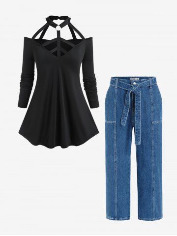 Plus Size Caged Cutout Ring Open Shoulder Top and Belted Jeans Outfit - BLACK