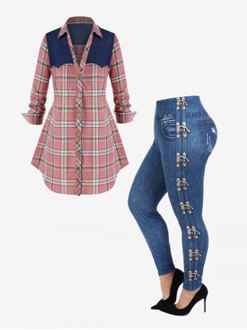 Plaid Denim Patch Shirt and 3D Printed Flocking Lined Leggings Plus Size Outfit - LIGHT PINK