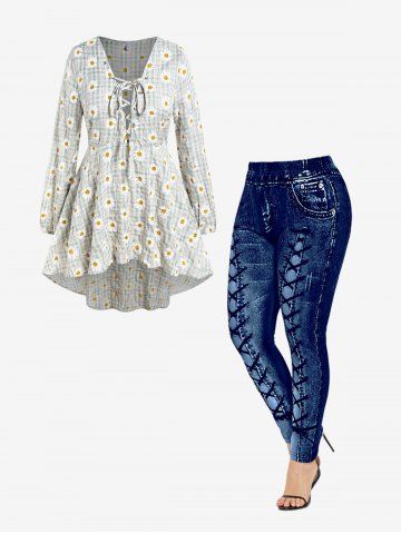 Plaid Daisy Print Lace Up High Low Blouse and 3D Denim Leggings Plus Size Outfit - LIGHT GREEN