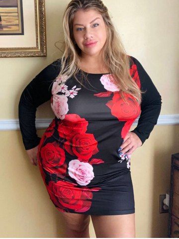 Plus Size Rose Print Bodycon Mini Dress - BLACK - L