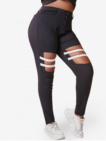 Plus Size Cutout Studded Straps Skinny Jeans - BLACK - 4XL