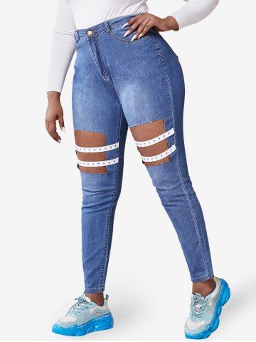 Plus Size Cutout Studded Straps Skinny Jeans - BLUE - 4XL