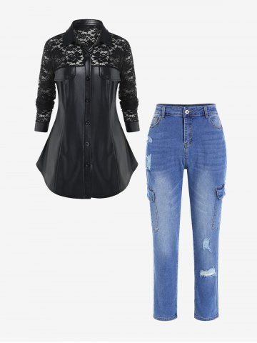 Plus Size Long Sleeves Faux Leather Shirt with Lace and Pockets Ripped Jeans - BLACK