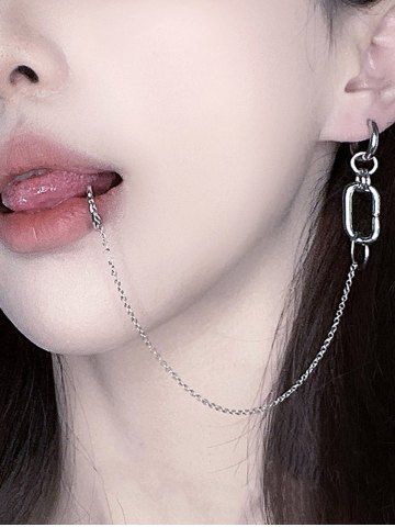 1PC No Piercing Fake Lip Ring Long Chain Lip Clip Earring - SILVER