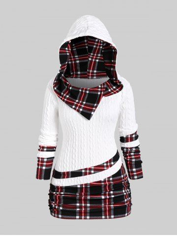 Plus Size Plaid Textured Cable Knit Patchwork Asymmetrical Neck Ruched Hooded Sweater - WHITE - 2X | US 18-20
