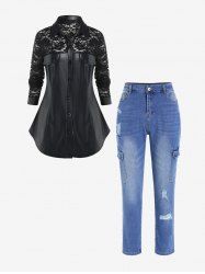 Plus Size Long Sleeves Faux Leather Shirt with Lace and Pockets Ripped Jeans -  