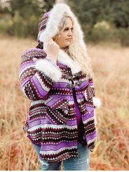 Manteau Géométrique Bouclé Panneau en Fausse Fourrure de Grande Taille - Pourpre  1X | US 14-16