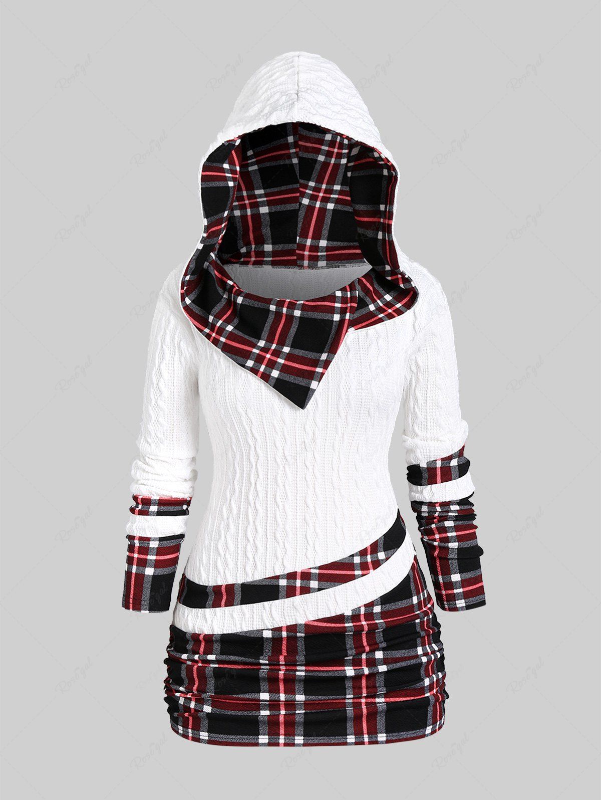 Sale Plus Size Plaid Textured Cable Knit Patchwork Asymmetrical Neck Ruched Hooded Sweater  