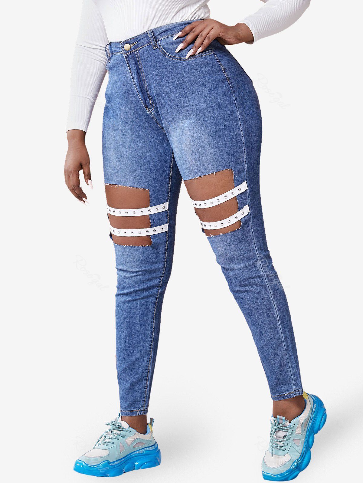 Cheap Plus Size Cutout Studded Straps Skinny Jeans  