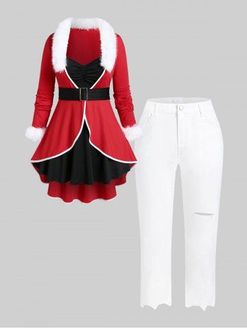 Plus Size Christmas Santa Claus Faux Fur Panel High Low Top and Capri Ripped Jeans Outfit - RED