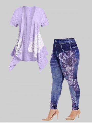 Lace Panel Open Front Asymmetric Cardigan and High Rise Floral Gym 3D Jeggings Plus Size Outerwear Outfit
