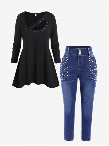 Plus Size Ribbed Cutout Rivet Asymmetrical Tunic Tee and Beaded Skinny Jeans Outfit - BLACK