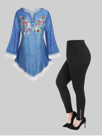 Asymmetric Floral Print 3D Denim Top and Pockets Ribbed Leggings Plus Size Outfit - BLUE