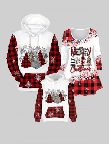 Kids Christmas Tree Snowflakes Plaid Flocking Lined Pullover Hoodie with Pocket - RED - 120