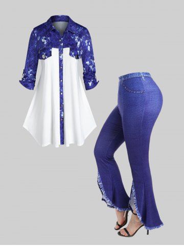 Plus Size 3D Denim Print Button Up Shirt and Front Slit Boot Cut Pants Outfit - BLUE