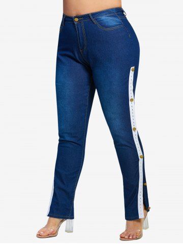 Side Buttoned Tape Skinny Plus Size Jeans - DEEP BLUE - 4XL
