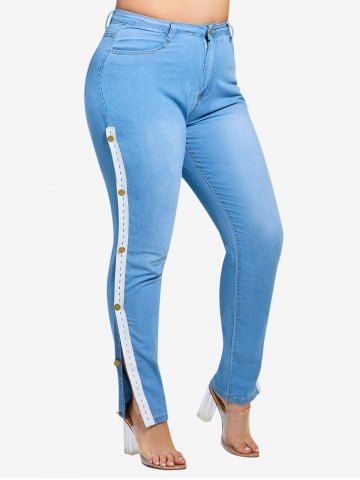 Side Buttoned Tape Skinny Plus Size Jeans - LIGHT BLUE - 5XL