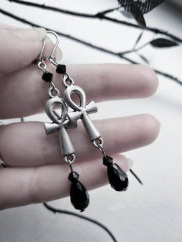 Gothic Ankh Crystal Drop Earrings - SILVER