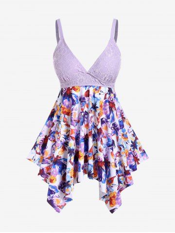Plus Size Lace Panel Plunging Backless Printed Padded Handkerchief Tankini Swimsuit