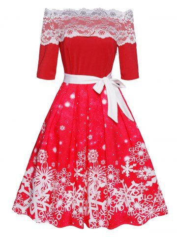 Christmas Snowflake Print Flower Lace Panel Off The Shoulder Belted A Line Mini Dress - RED - S