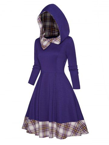 Plaid Print Panel High Waisted Long Sleeve A Line Mini Hooded Dress - CONCORD - L