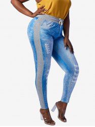 Pantalon Moulant 3D Panneaux Imprimé de Grande Taille - Bleu 5X