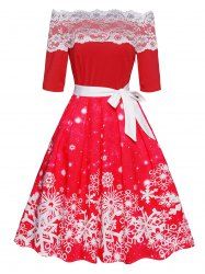 Christmas Snowflake Print Flower Lace Panel Off The Shoulder Belted A Line Mini Dress -  