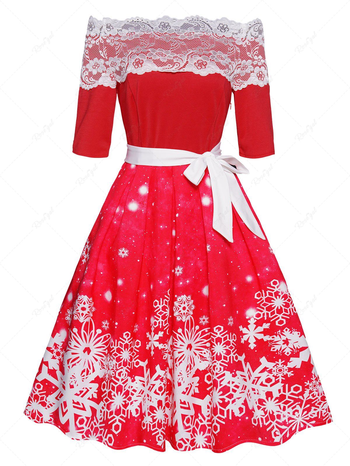 Mini Robe Ligne A Ceinturée à Imprimé Fleur et Flocon de Neige à Epaule Dénudée de Noël Rouge M