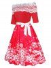 Christmas Snowflake Print Flower Lace Panel Off The Shoulder Belted A Line Mini Dress -  