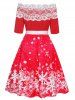 Christmas Snowflake Print Flower Lace Panel Off The Shoulder Belted A Line Mini Dress -  