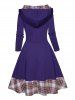 Plaid Print Panel High Waisted Long Sleeve A Line Mini Hooded Dress -  