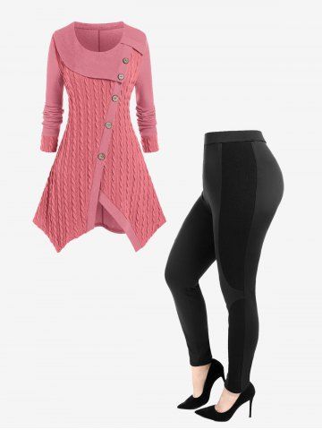 Mock Buttons Asymmetric Cable Knit Sweater and Ribbed Panel Colorblock Pants Plus Size Outerwear Outfit