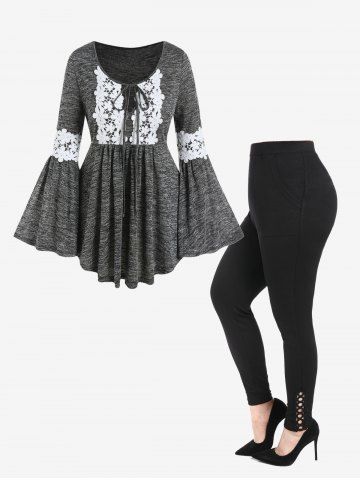 Bell Sleeve Contrast Lace Space Dye Tee and Hollow Out Pockets Leggings Plus Size Outfits - GRAY