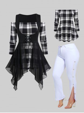 Plus Size Plaid Off Shoulder Lace Up Handkerchief Top Set and Buttoned Tape Jeans Outfit - WHITE