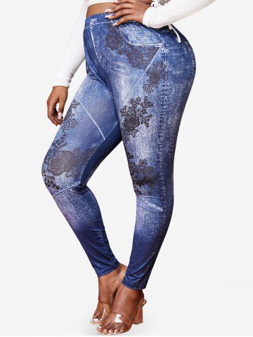 Plus Size High Waisted Flowers 3D Print Skinny Jeggings - DEEP BLUE - 5X