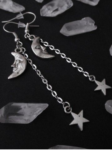Gothic Moon and Stars Long Chain Earrings - SILVER