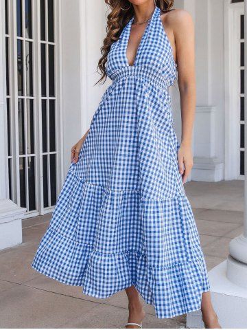 Plaid Print Plunging Neck High Waisted Tied Open Back A Line Maxi Halter Backless Dress - BLUE - M