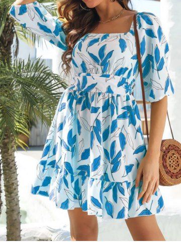 Leaf Print High Waisted Half Sleeve Flounce Square Neck Tied Back A Line Mini Dress - BLUE - S